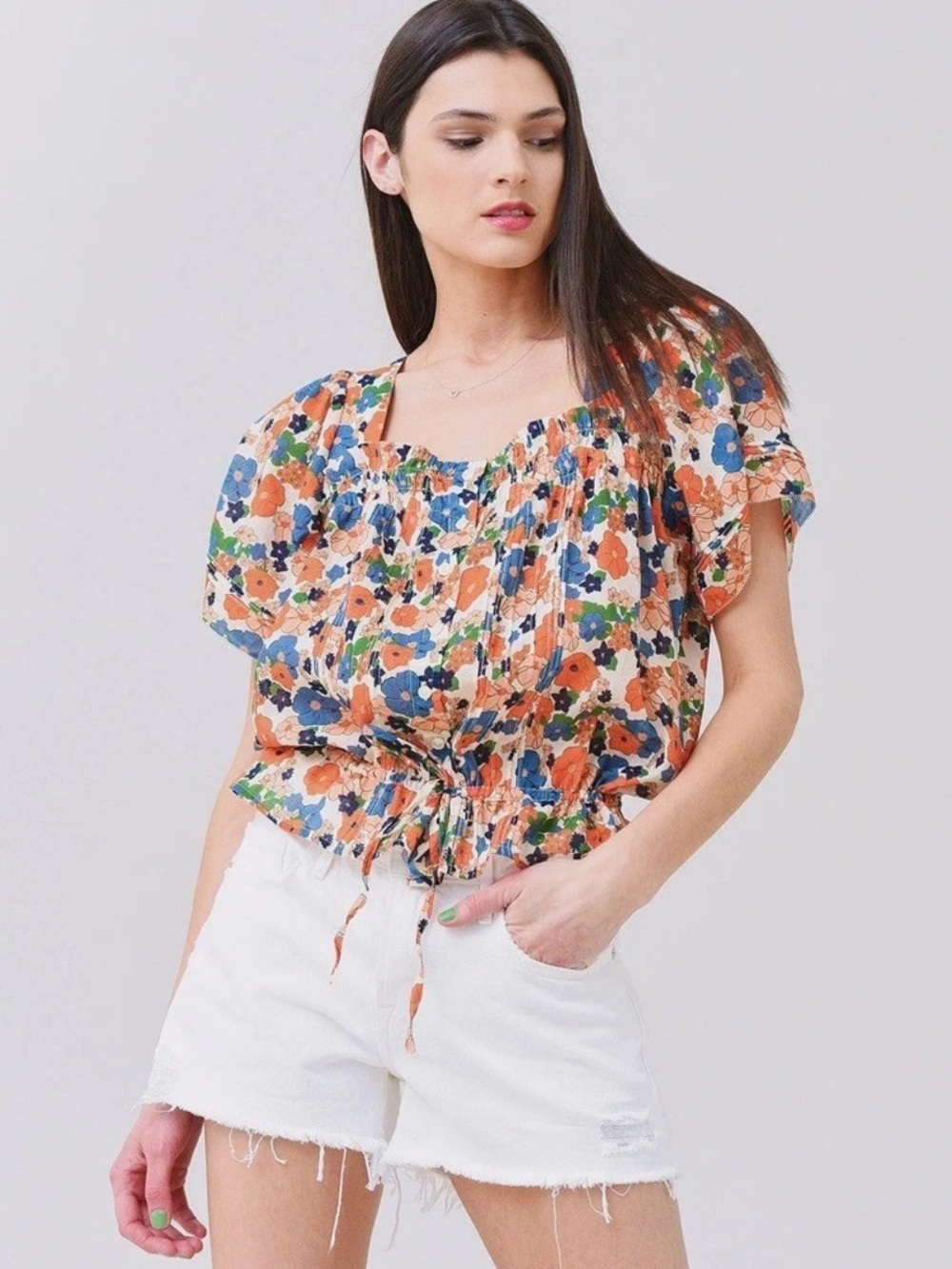 Trovata Peach Floral Puff-Sleeve Drawstring Top